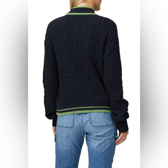 VEDA Paro Wool Navy Cable Knit Sweater,  Green Accents XS - Picture 7 of 9